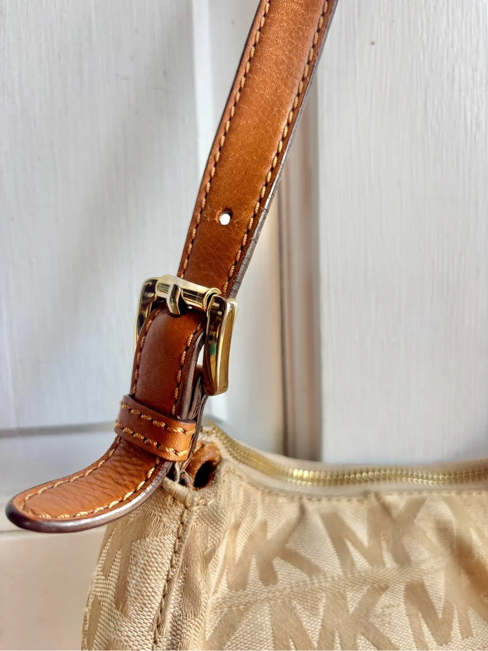 VTG Michael Kors Jacquard Logo Shoulder Bag Tan Y2K Canvas Leather Hobo Purse